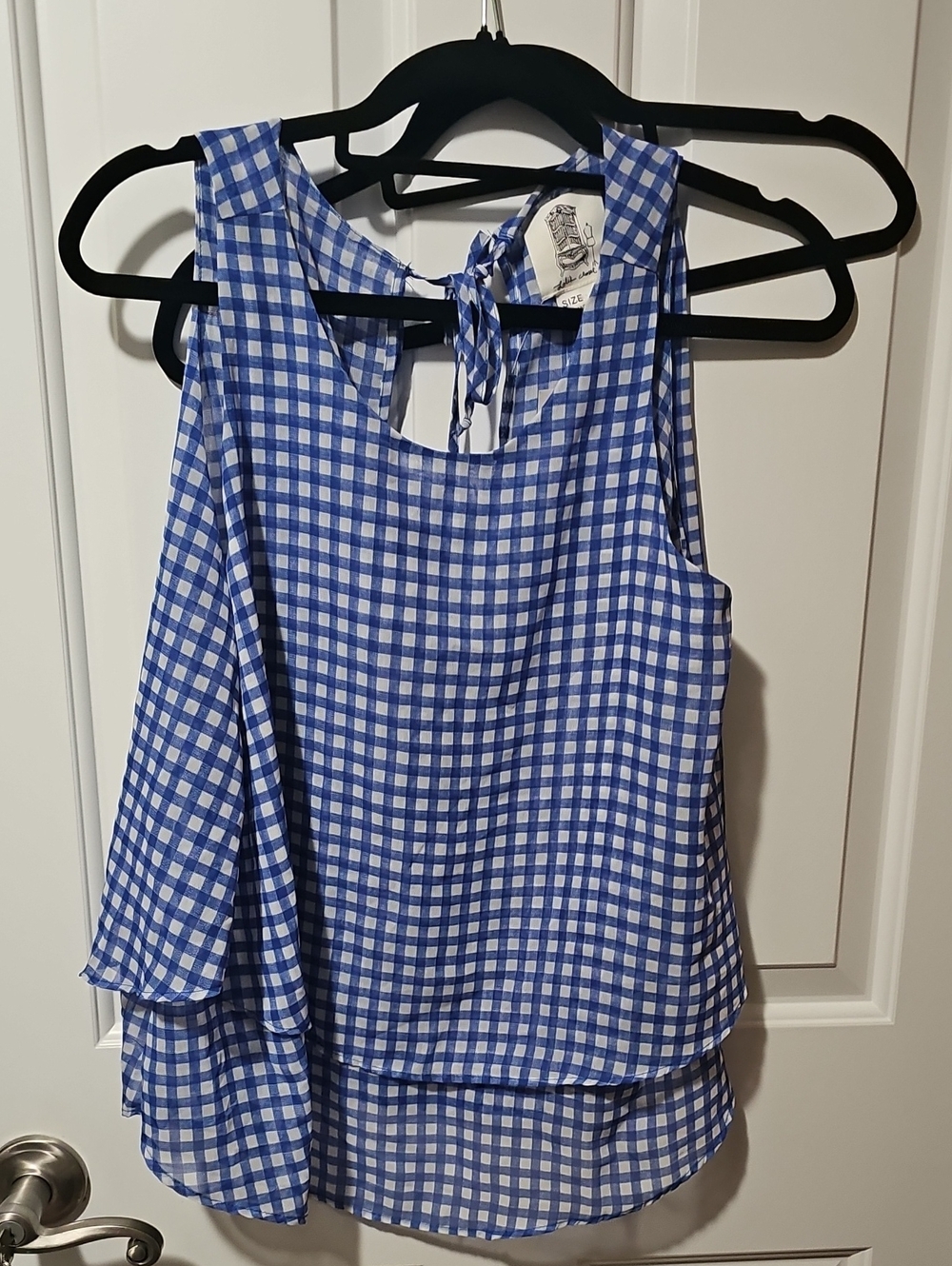 Women's Size Medium Blue Gingham Sleeveless Tie-Back Top -lilis Closet Nwt